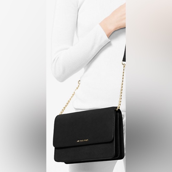 Michael Kors Gusset Leather Crossbody Bag - Black/Gold - Picture 1 of 13